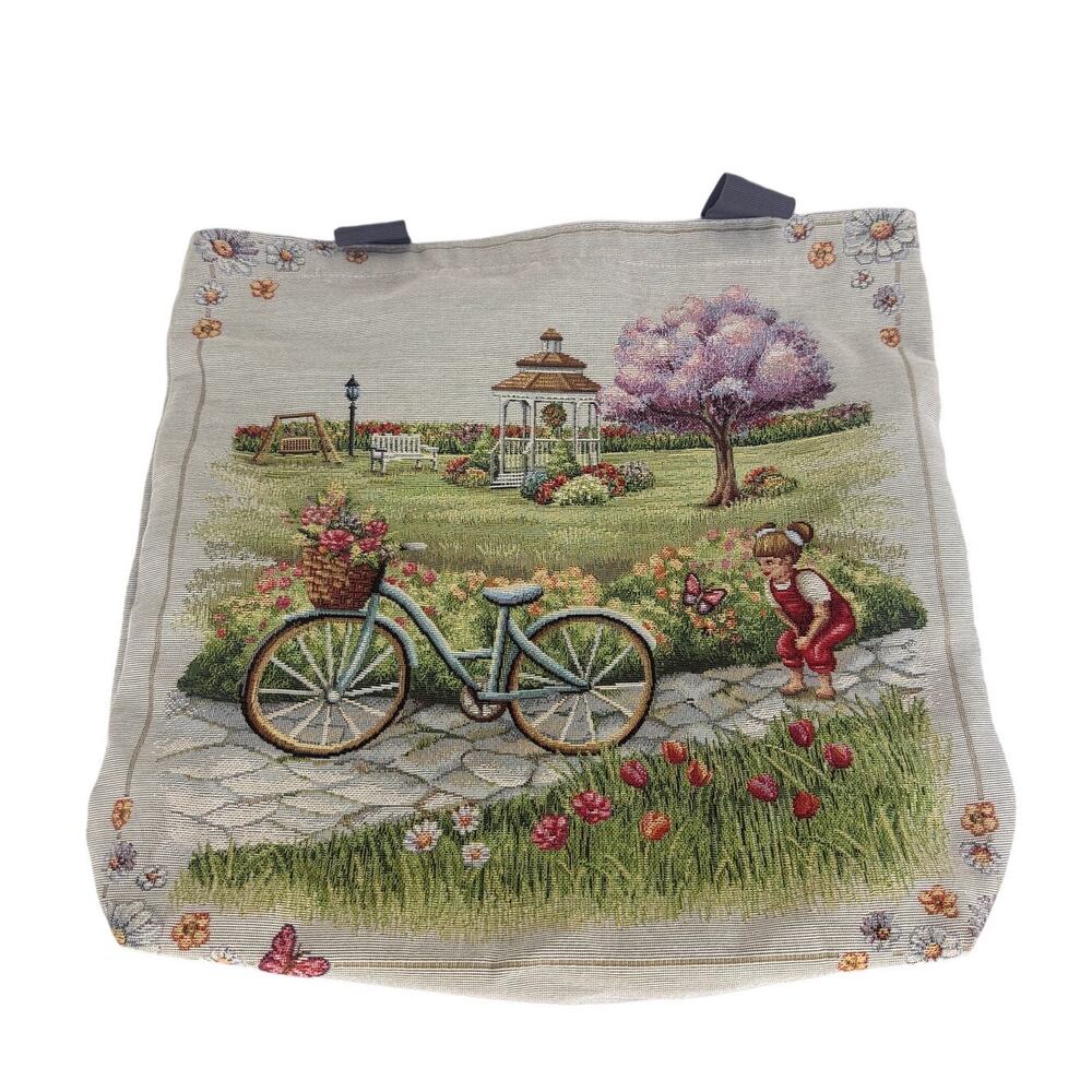 European Womens Woven Cottagecore Tapestry Bag Floral Bicycle Garden Scene Tote